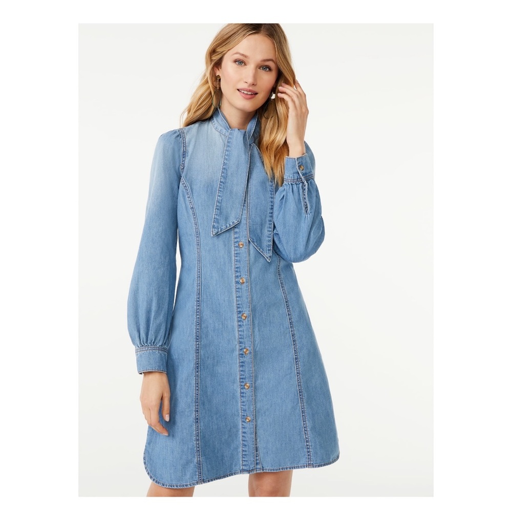 Scoop Tie Neck Denim Dress NWT